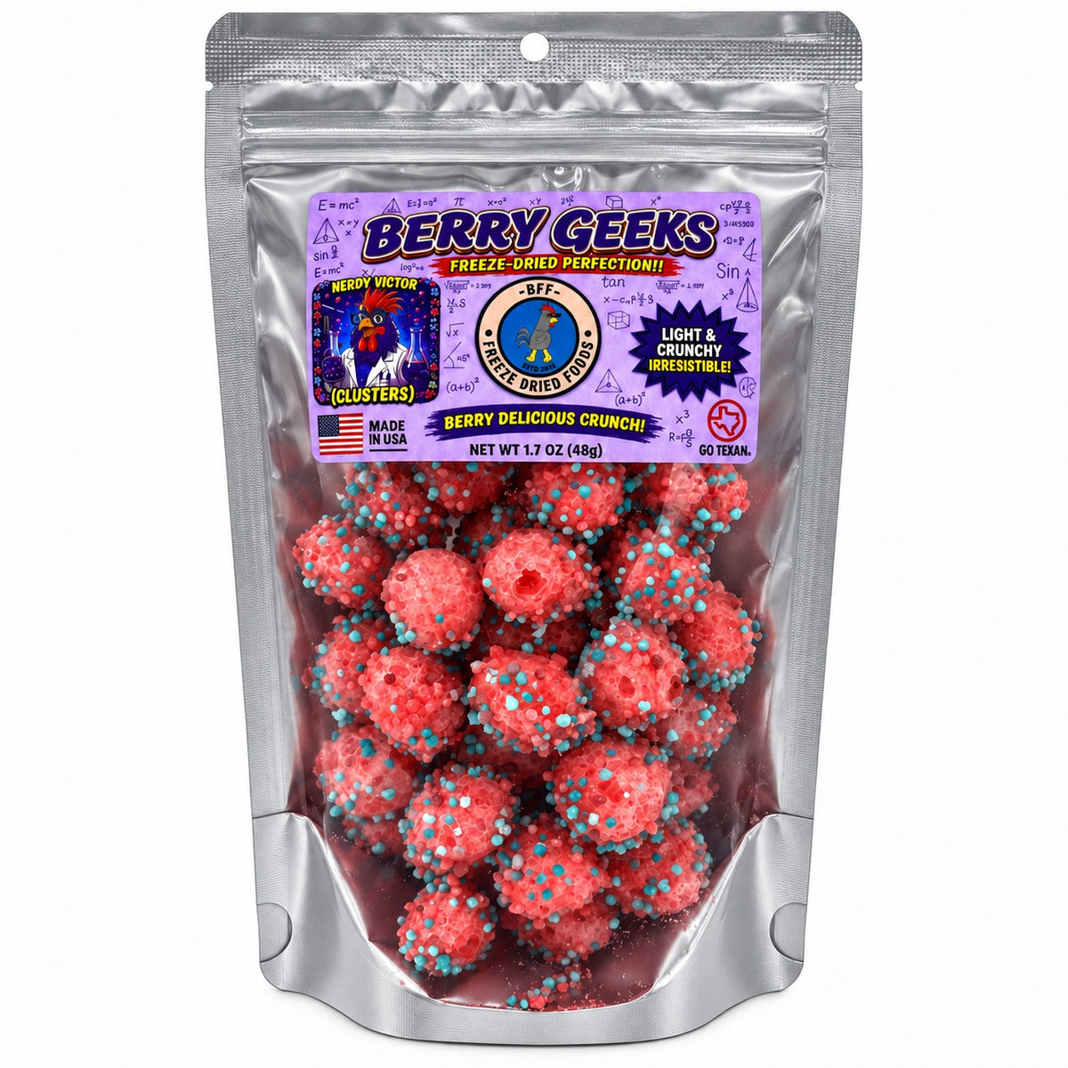 BFF Berry Geeks freeze-dried berry candy clusters in a resealable bag