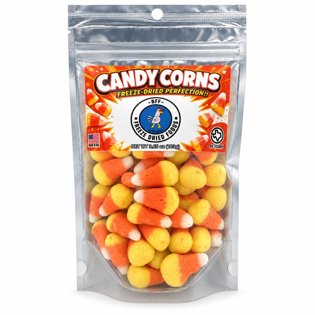 BFF Candy Corn freeze-dried candy in a resealable bag