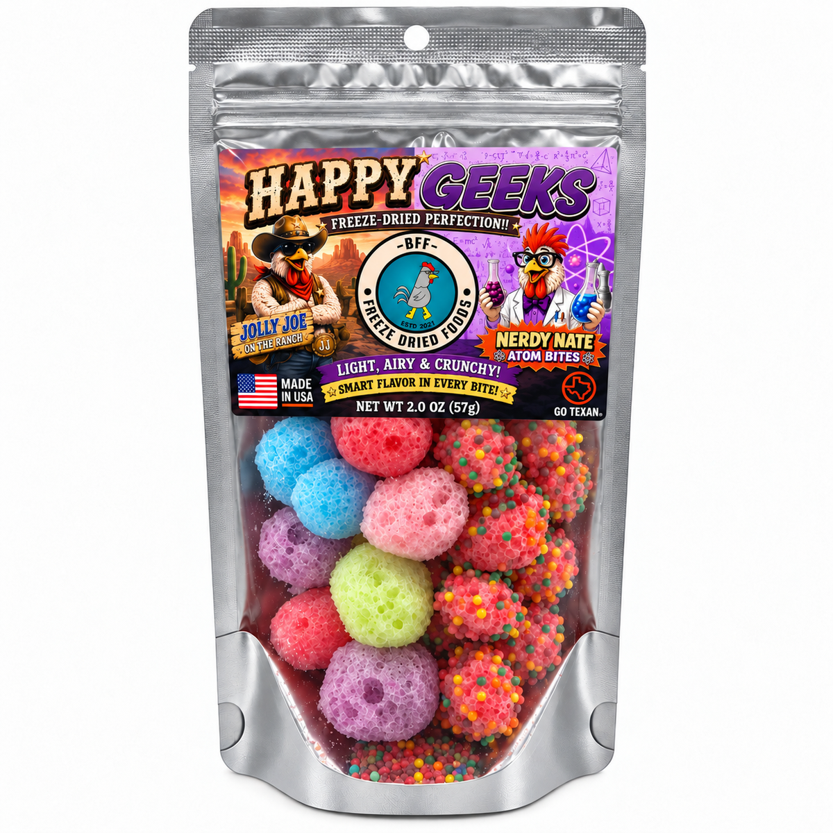 BFF Happy Geeks freeze-dried candy mix pouch with corrected Atom Bites label