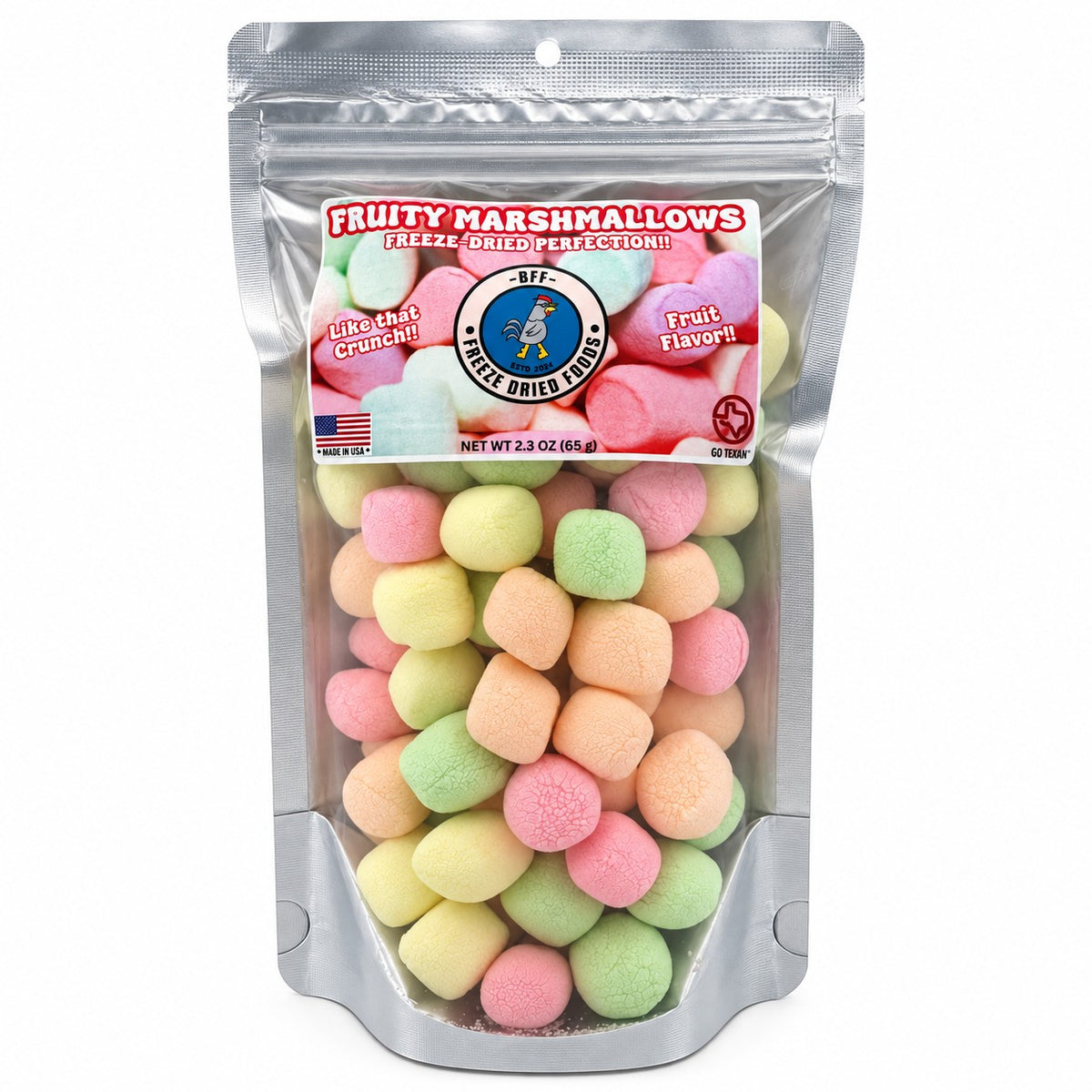 Fruity freeze-dried mini marshmallows in resealable bag