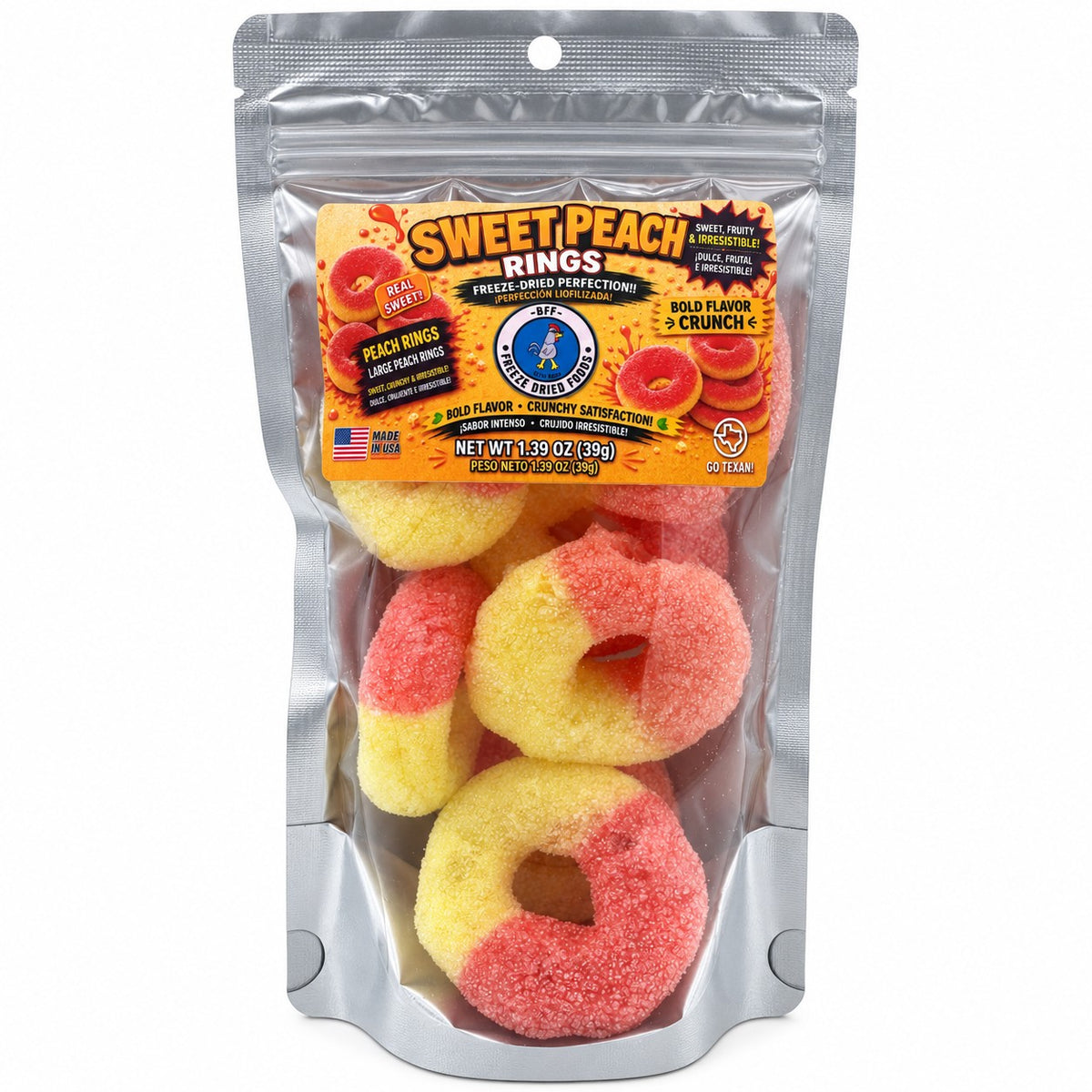 Sweet Peach Rings freeze-dried candy in resealable bag