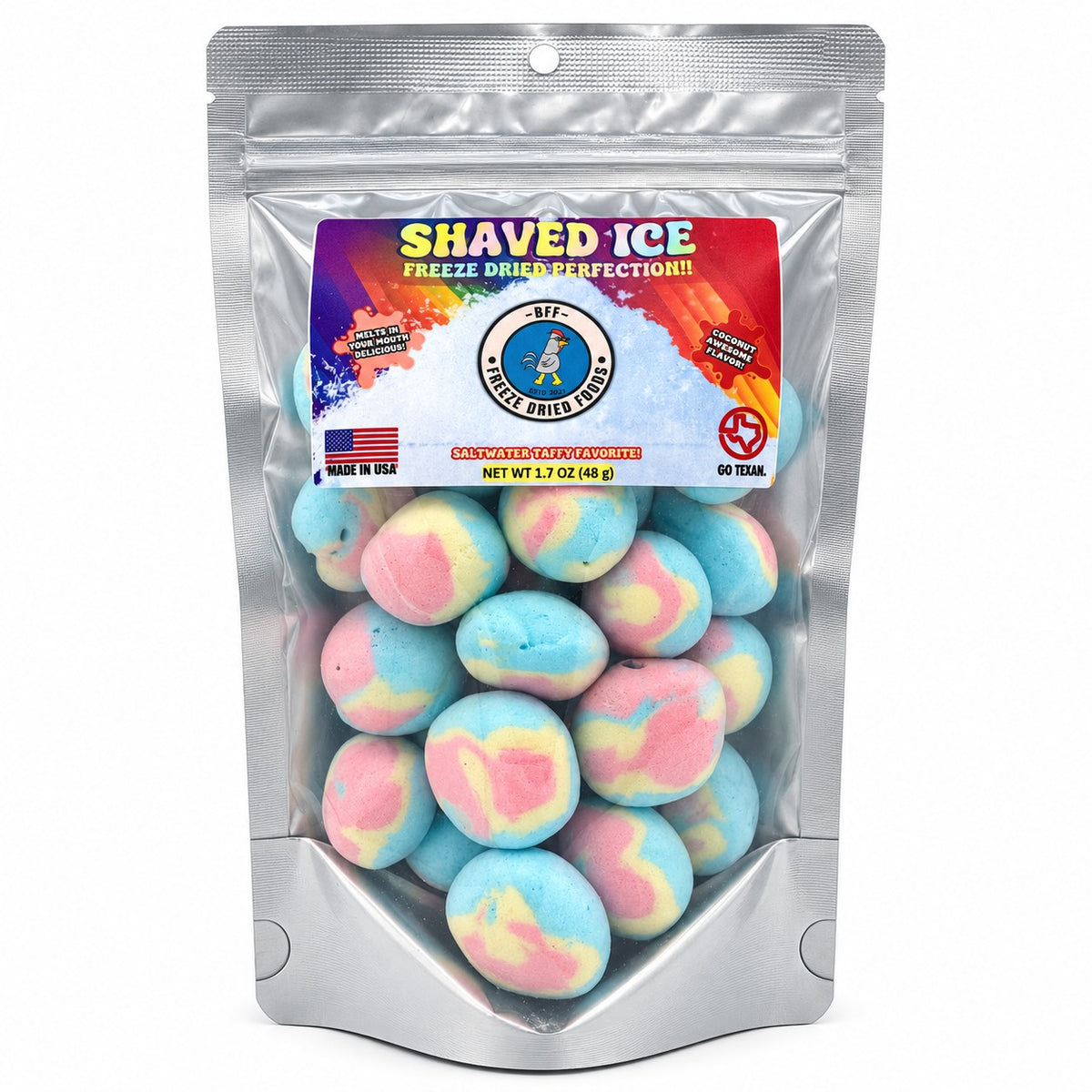 Shaved Ice Taffy freeze-dried candy in resealable bag