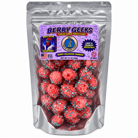 BFF Berry Geeks freeze-dried berry candy clusters in a resealable bag
