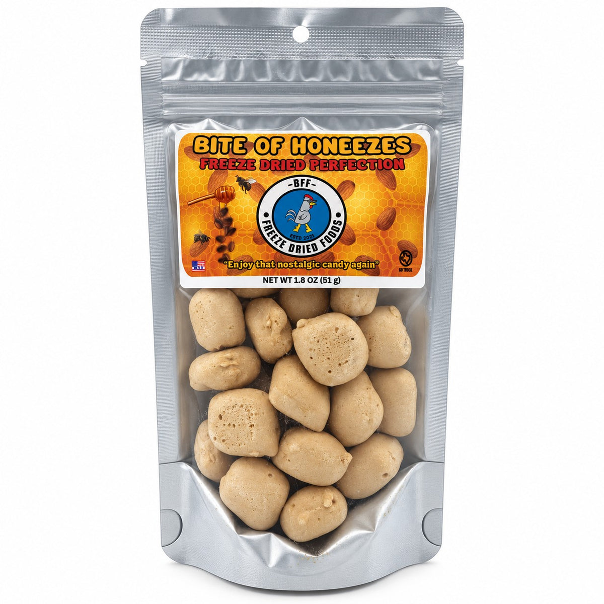 Bit-OH Honeezes freeze-dried candy in resealable bag