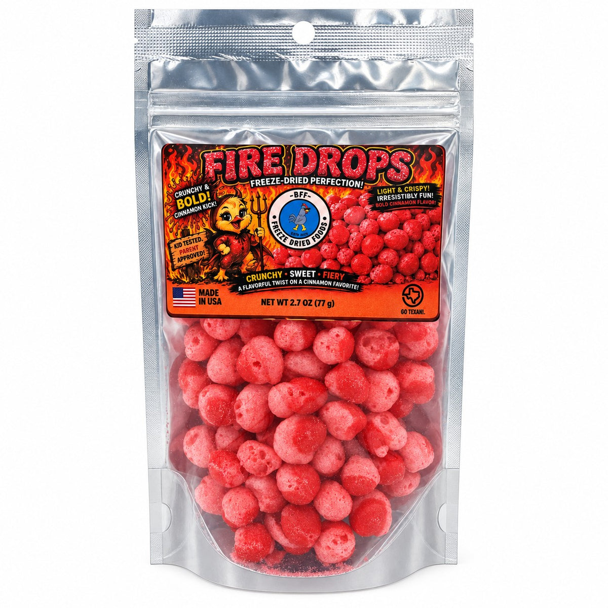 Fire Drops cinnamon freeze-dried candy in resealable bag