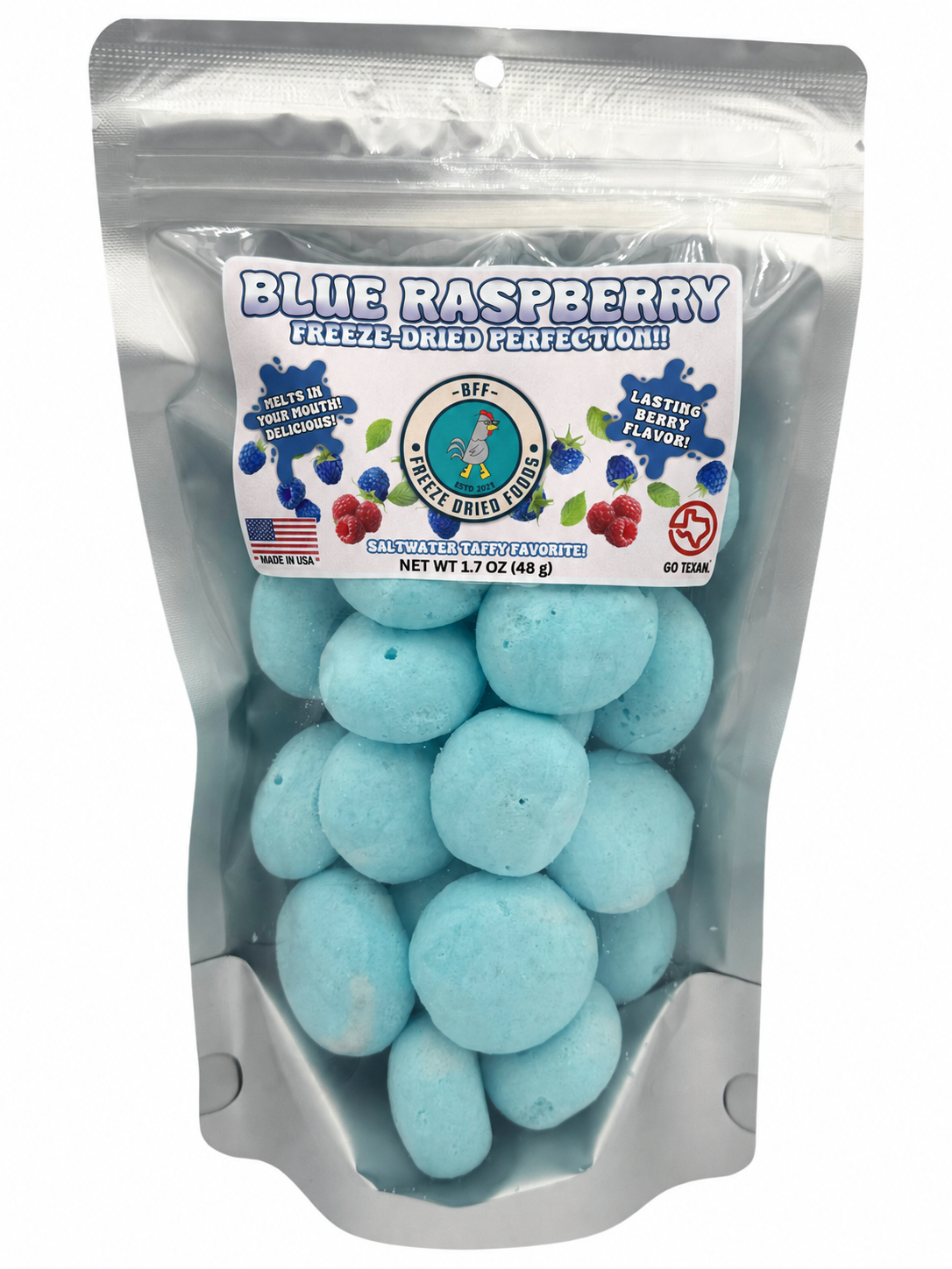 BFF Freeze-Dried Blue Raspberry Taffy in a resealable silver bag