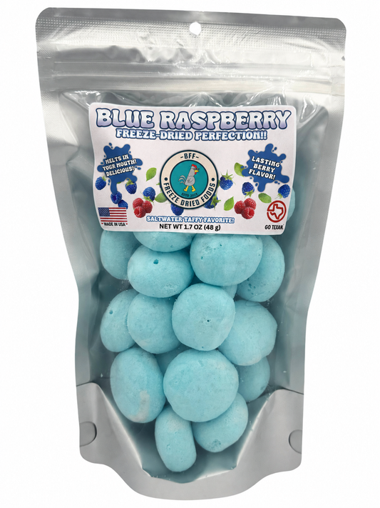 BFF Freeze-Dried Blue Raspberry Taffy in a resealable silver bag