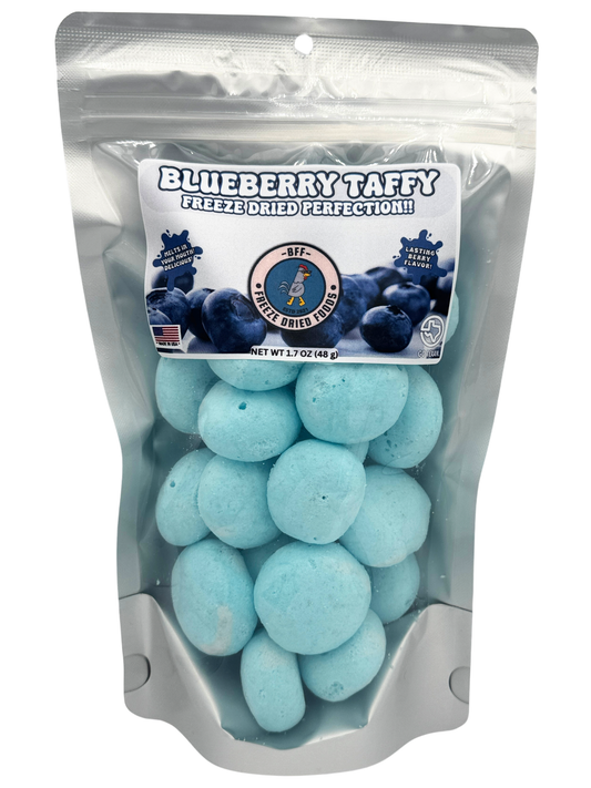 BFF freeze-dried blueberry taffy in a resealable silver bag