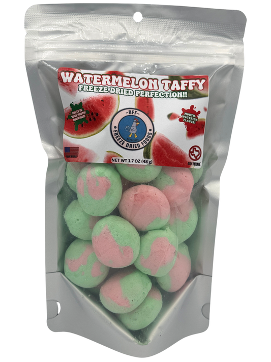 BFF freeze-dried watermelon taffy in a resealable silver bag