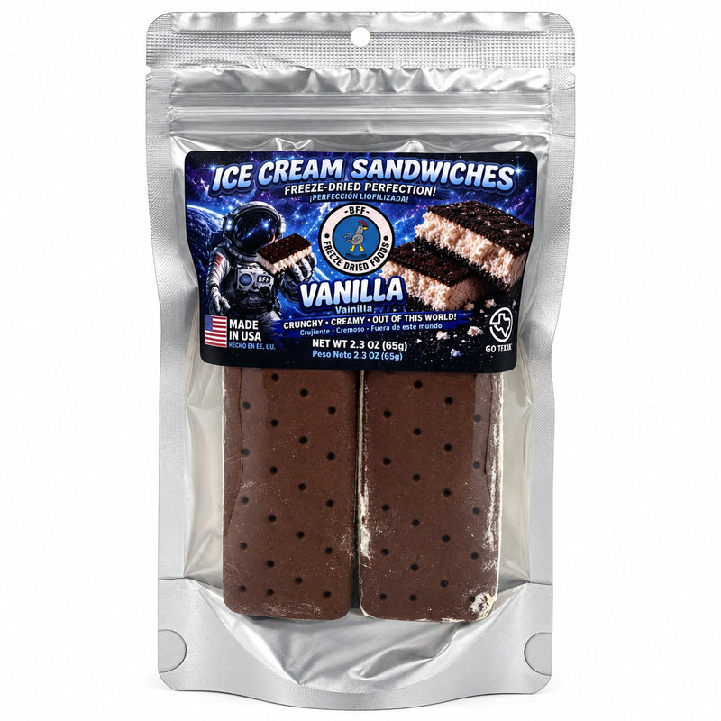 Vanilla freeze-dried ice cream sandwiches in resealable bag