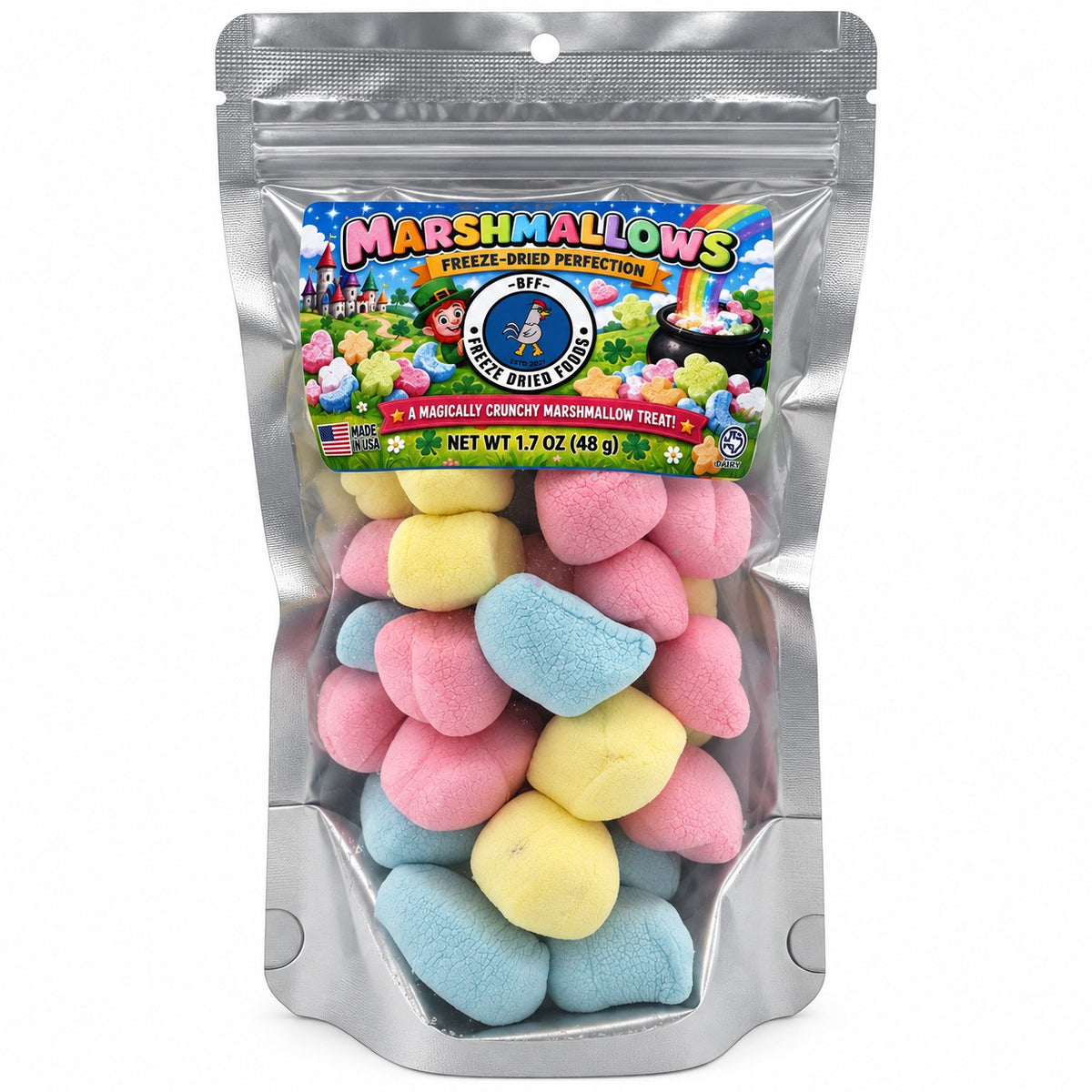 Lucky Charms-style freeze-dried marshmallows in resealable bag