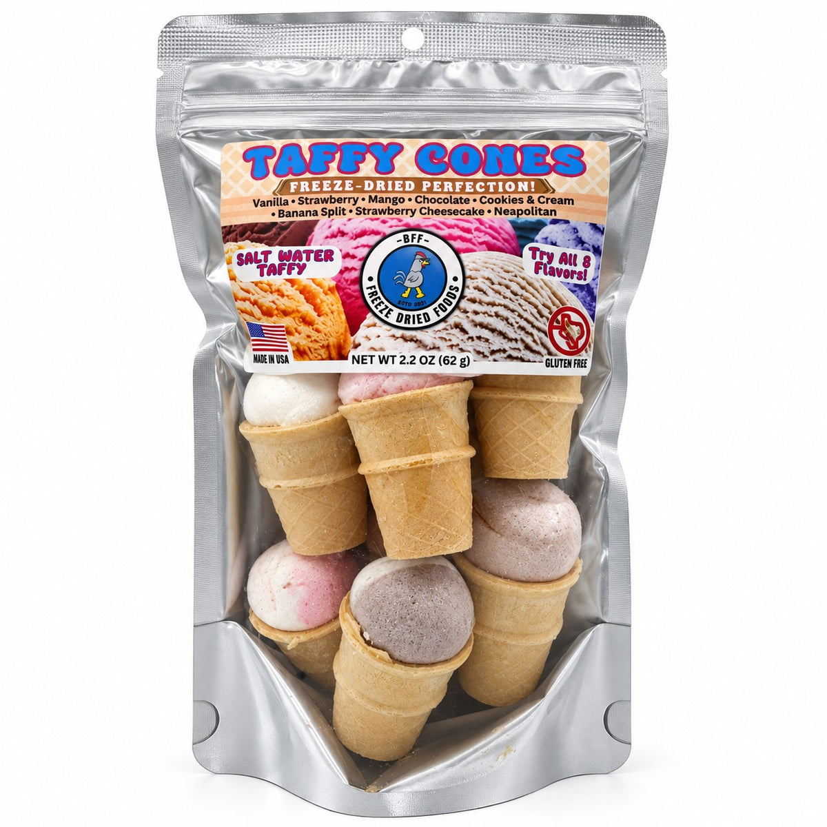 Taffy Cones freeze-dried candy in resealable bag