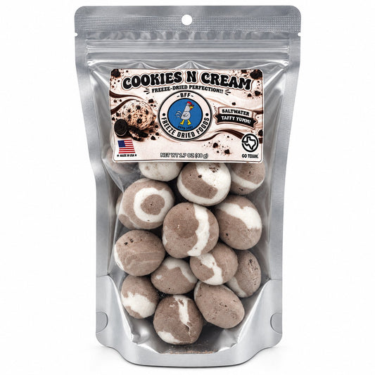 Cookies N Cream Taffy freeze-dried candy in resealable bag