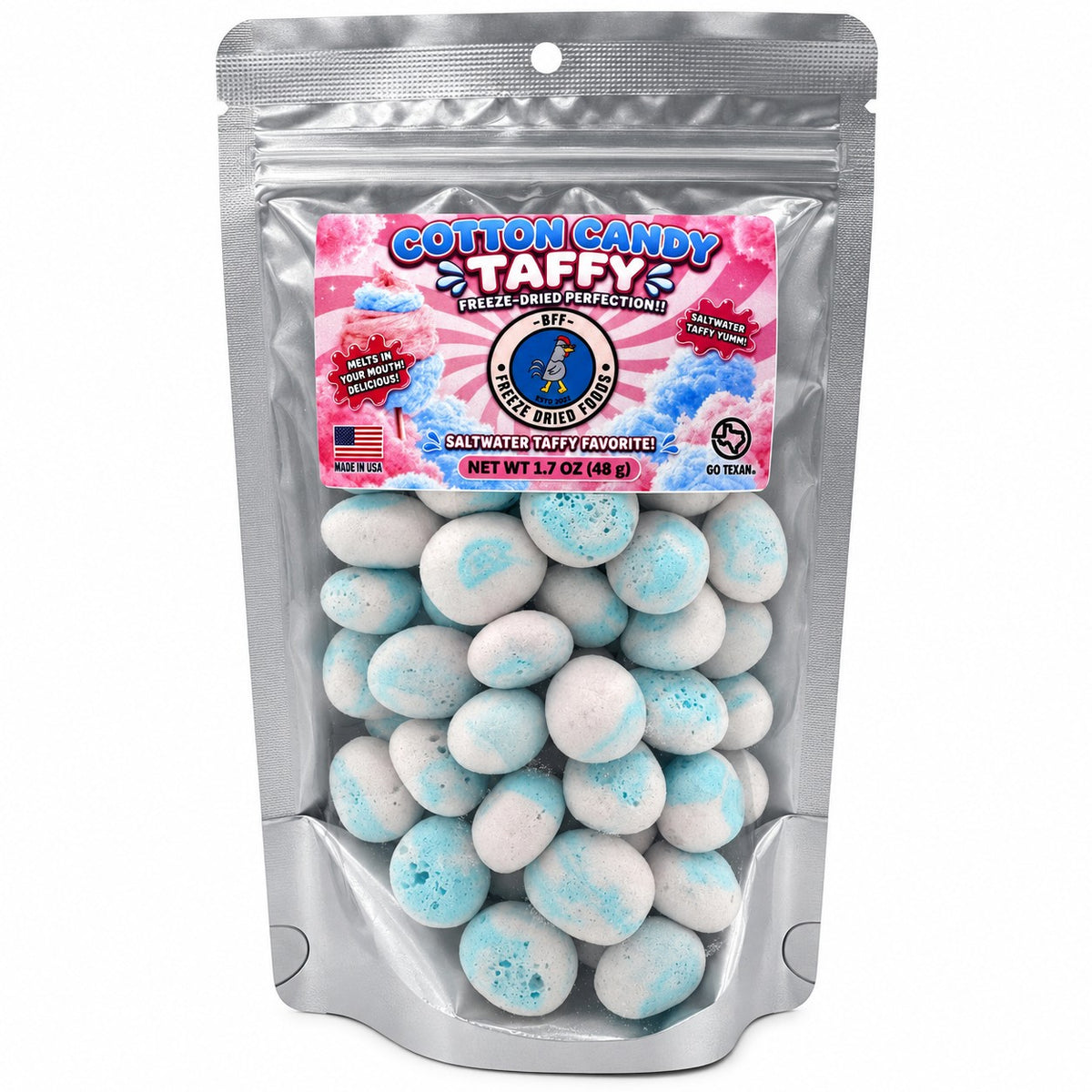 Cotton Candy Taffy freeze-dried candy in resealable bag