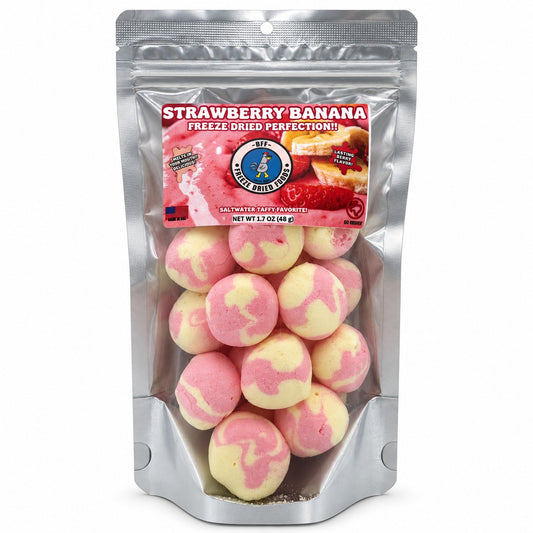Strawberry Banana Taffy freeze-dried candy in resealable bag